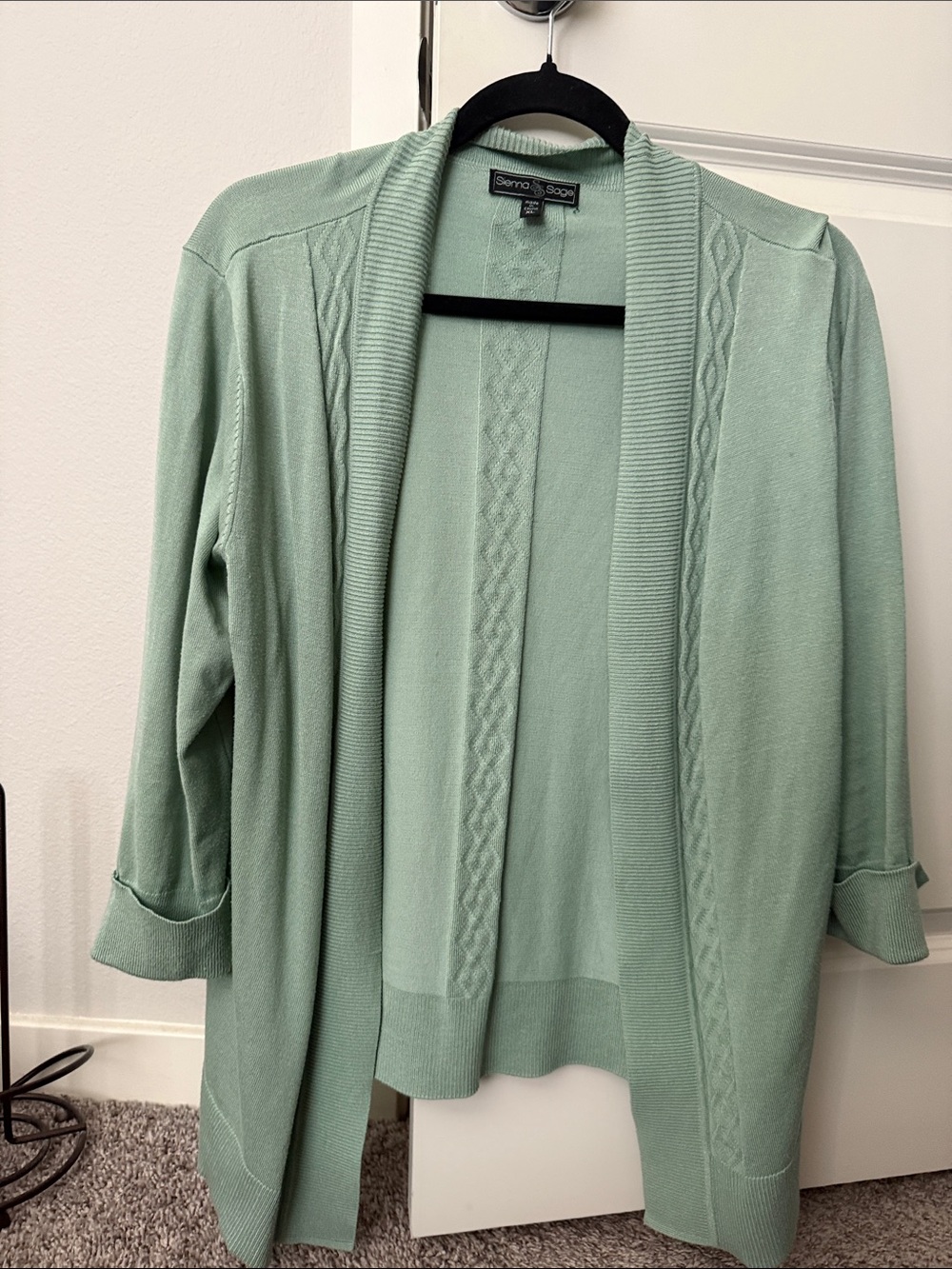 Mint Open-Front Cable Trim Cardigan